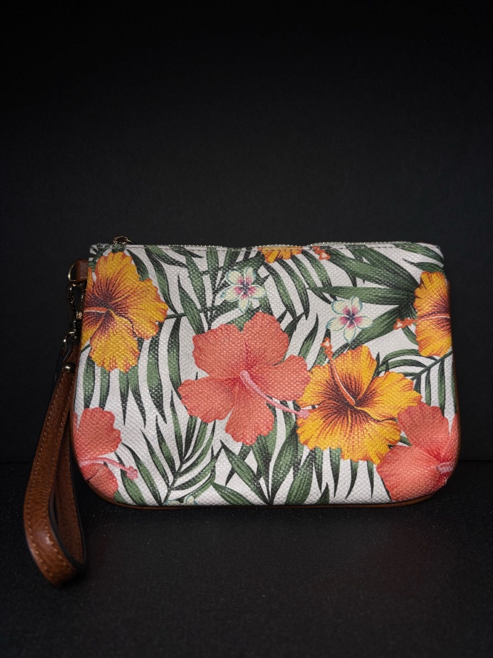 LeatherTropical Floral Wristlet Clutch Palm Hibiscus Print Zip Pouch Summer Bag